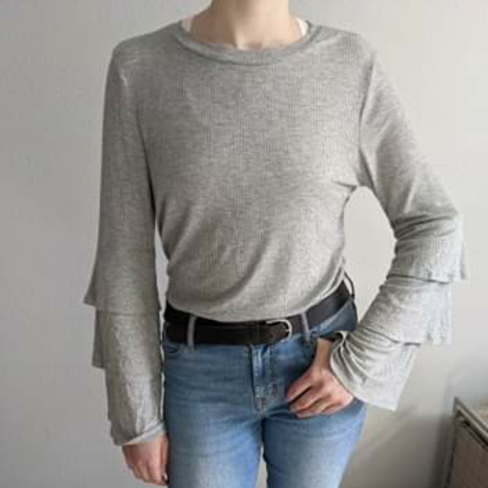 BP. Grey Ruffle Sleeve Ribbed Sweater